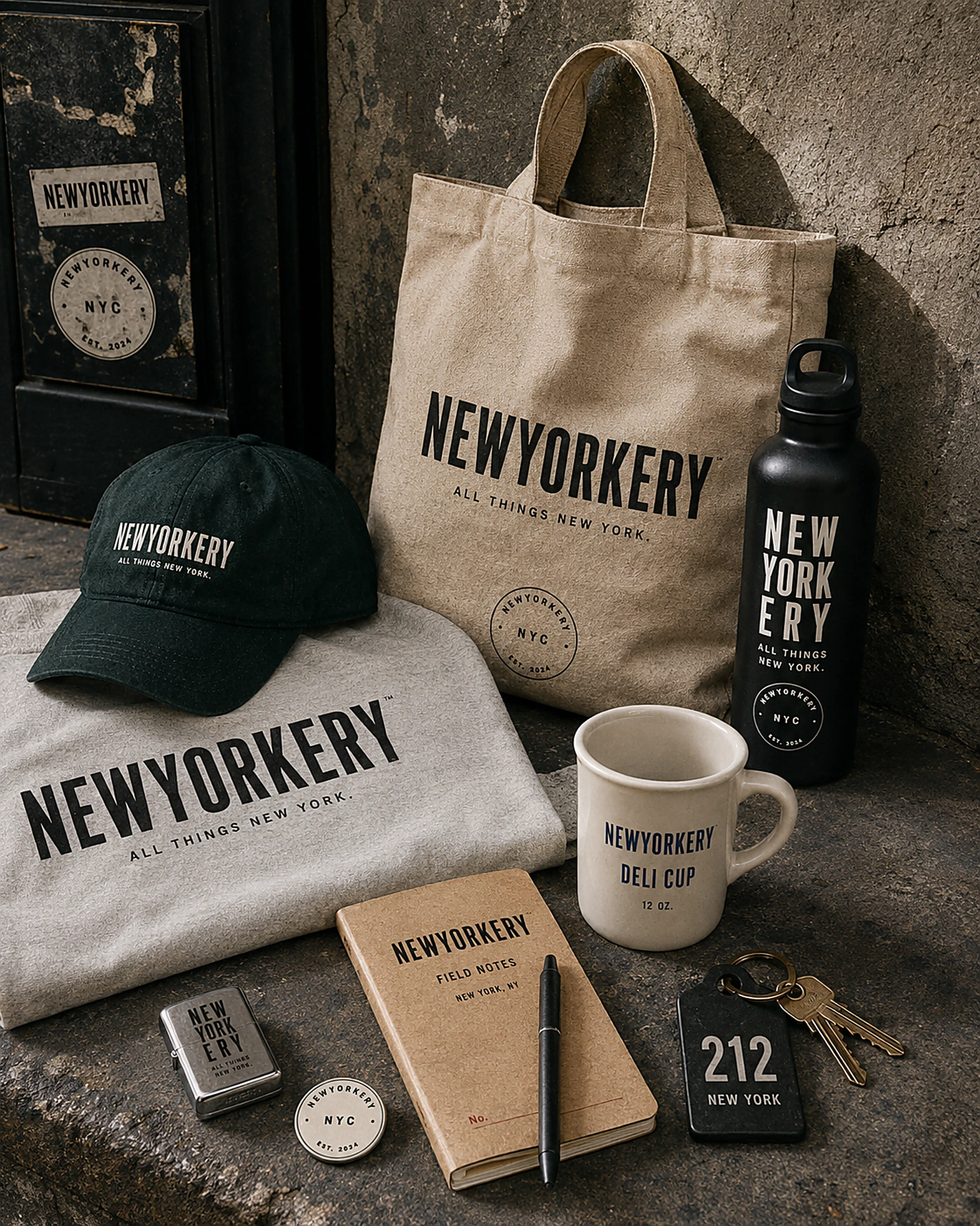 NEWYORKERY objects laid out: tote, cap, tee, mug, key tag, bottle, notebook