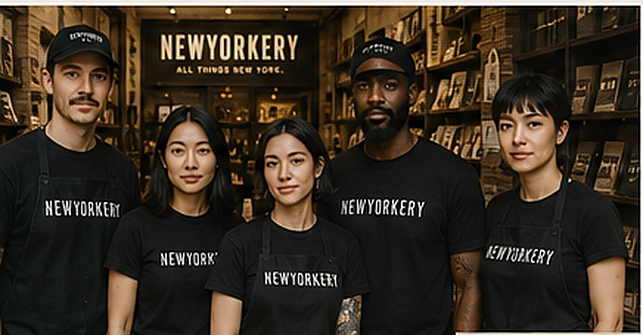 NEWYORKERY staff in black tees, caps and work aprons behind the counter